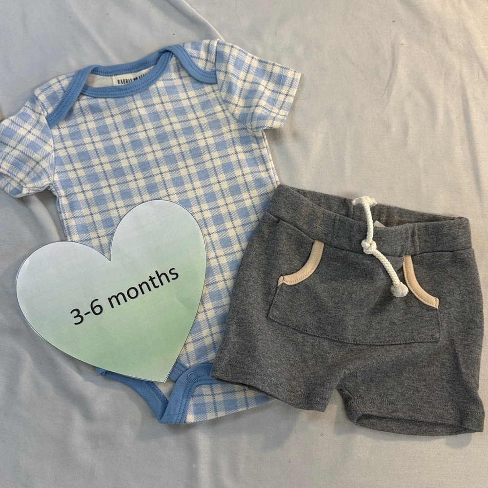 Rabbit + Bear - Organic Cotton Blue Plaid Baby Outfit with Gray Shorts